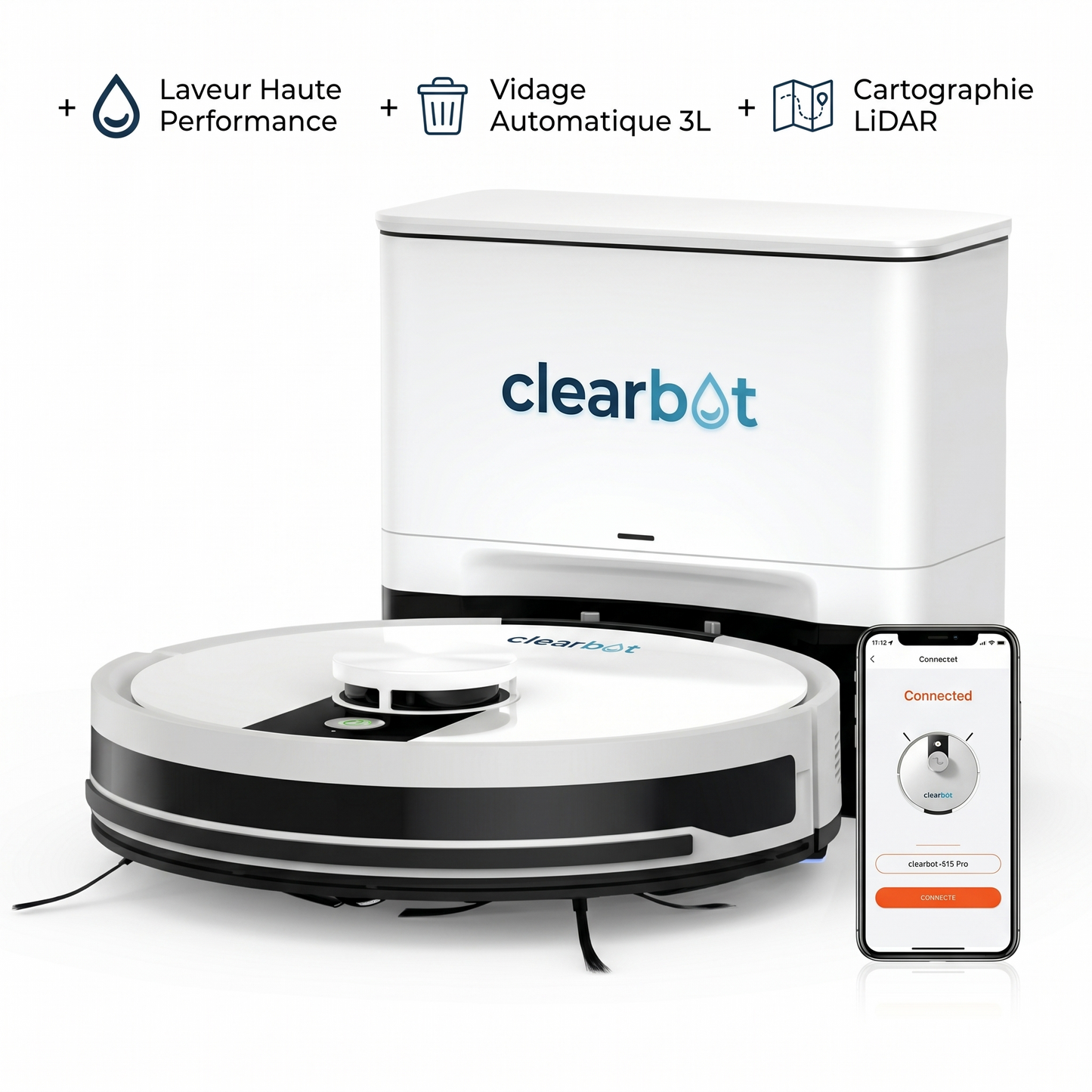 Aspirateur robot laveur avec station vidage automatique, navigation LiDAR – CleanBot